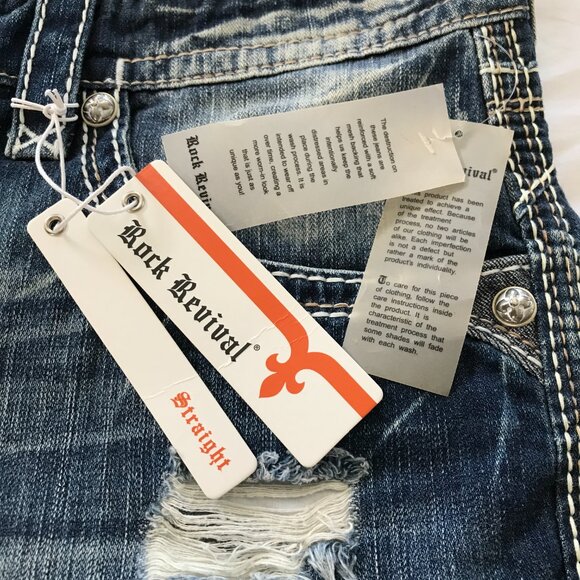 Rock Revival Suhul Straight Jeans Men 38x28 Blue Mid Rise Distressed Embroidered - Picture 5 of 16